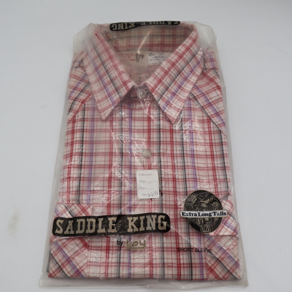 Saddle King Western Shirt Mens 15.5 Vintage Deadstock Red Plaid Pearl Snap USA
